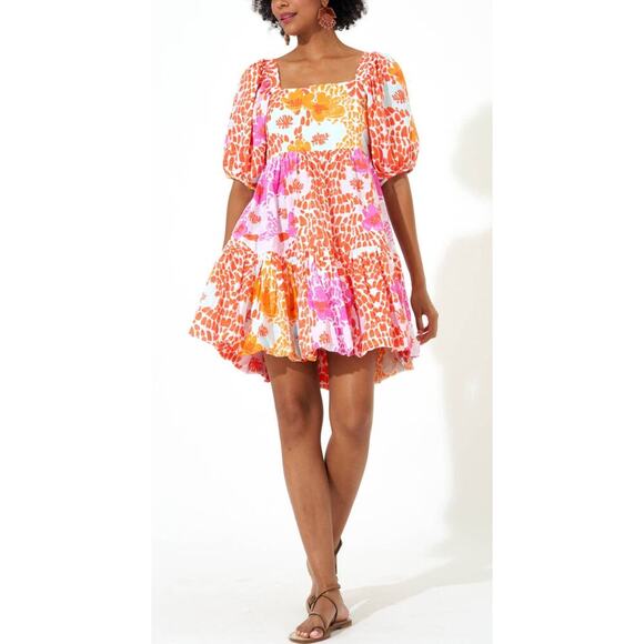 OLIPHANT Bubble Skirt Mini Cotton Smocked Dress Antigua Orange Print Tuckernuck - Picture 3 of 7